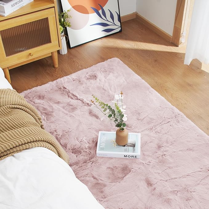 Latepis 2x4 Light Pink Faux Rabbit Rugs for Bedroom Girls Non-Slip Washable Shag Furry Accent Rug for Living Room Sofa Kids Room Nursery and Dorm
