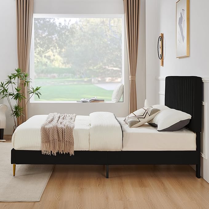King Platform Bed Frame, Velvet Upholstered Bedframe with Vertical Channel Adjustable Headboard, Golden Plating Trim, Mattress Foundation with Wooden Slats, No Box Spring Needed, Black
