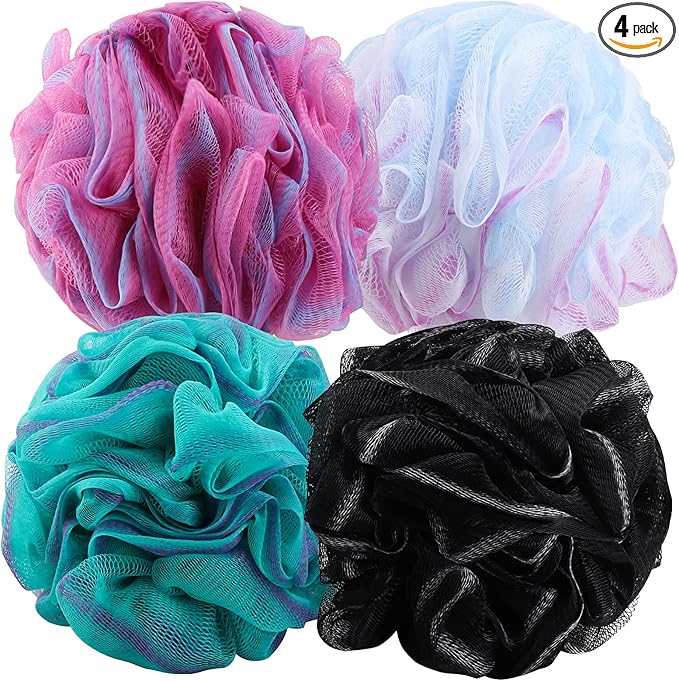 BTYMS 4 Pieces 75g/pc Shower Loofahs Large Bath Sponge Mesh Pouf Wash Puff Shower Poof Body Loofas for Bathing