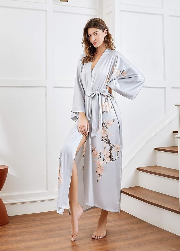BABEYOND Kimono Robe Cover up with Box Long Floral Satin Sleepwear Silky Bathrobe Bachelorette Robe