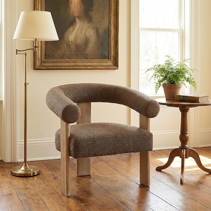 VKNOW Accent Chair Living Room Chair, Modern Upholstered Arm Chair with Solid Wood Legs, Comfy Barrel Accent Chair for Living Room, Bedroom, Brown