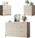 3-Piece Dresser Bedroom Set, 7 Drawer Dresser & 2 Drawer Nightstands with Gold Handles, Fluted Wood Chest of Drawers for Bedroom, Living Room, Entryway, Beige