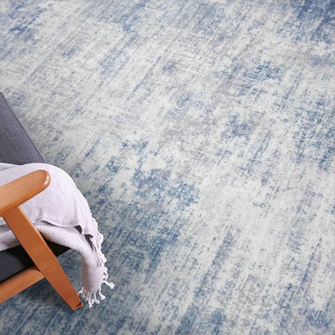 IOHOUZE Abstract Runner Rug 3x8 Ft Washable Runners for Hallways, Non Slip Kitchen Runner Printed Faux Wool Entryway Runner Indoor, Modern Abstract Floor Carpet for Hall Bedroom, Light Blue White