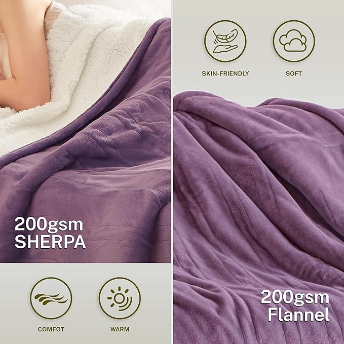 Heat Blanket 72”x84” Full Size,Soft Flannel & Sherpa Reversible Electric Blanket with 10 Heat Settings,12 Timer Setting and 8 Hours Auto-Shut Off,ETL Certified Machine Washable,Purple