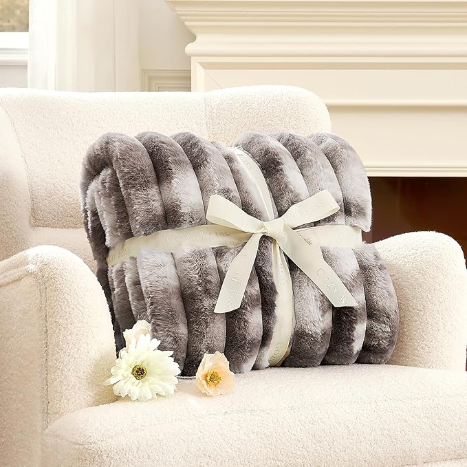 Cozy Bliss Faux Fur Throw Blanket for Couch, Cozy Warm Plush Striped Blanket for Sofa Bedroom Living Room, 108 * 90 Inches Tie-dye Grey