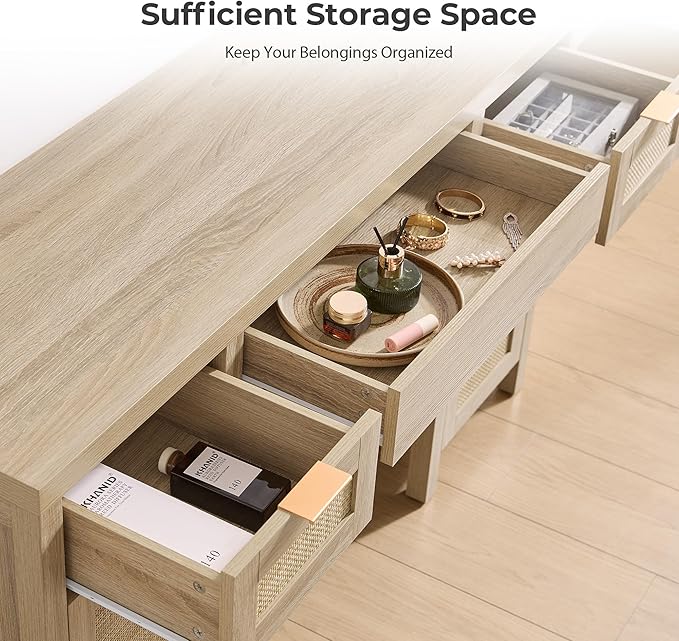 SICOTAS Rattan Vanity Home Office Desk - 52" Large Farmhouse Boho Makeup Vanity Dressing Table with 3 Drawers & 2 Storage Cabinets, Vanities Desk for Makeup Room, Bedroom, Home Office, Light Oak