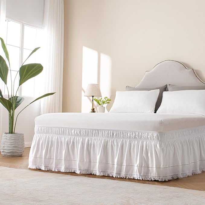 MIYE Wrap Around Ruffled Lace Bed Skirt, Elastic Dust Ruffle with Adjustable Belts, Easy to Put On, Bed Frame Cover, Machine Washable (Tassel Ruffle/White, King/Queen-15 Drop)
