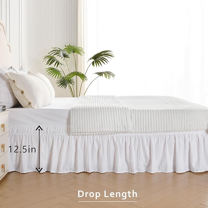 MIYE Striped Tufted Bed Skirt - Wrap Around Dust Ruffle with Elastic Belts - 12.5 Inch Drop Easy to Put On - Bedskirt Machine Washable ＆ Wrinkle Resistant(Striped/White, King/Queen-12.5" Drop)