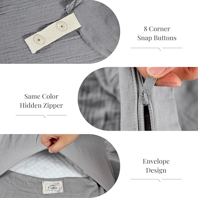 Gray Duvet Cover Queen Size, 100% Sandwashed Cotton Soft Queen Duvet Cover Set 3 Pieces with Zipper Clousre & Corner Buttons (Gray, Queen 90 x 90)