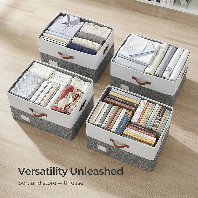 PRANDOM Storage Bins with Lids [3-Pack] Linen Fabric Foldable Storage Boxes Organizer Containers Baskets Cube with Cover Grey&White (23.4X15.9X11.4)