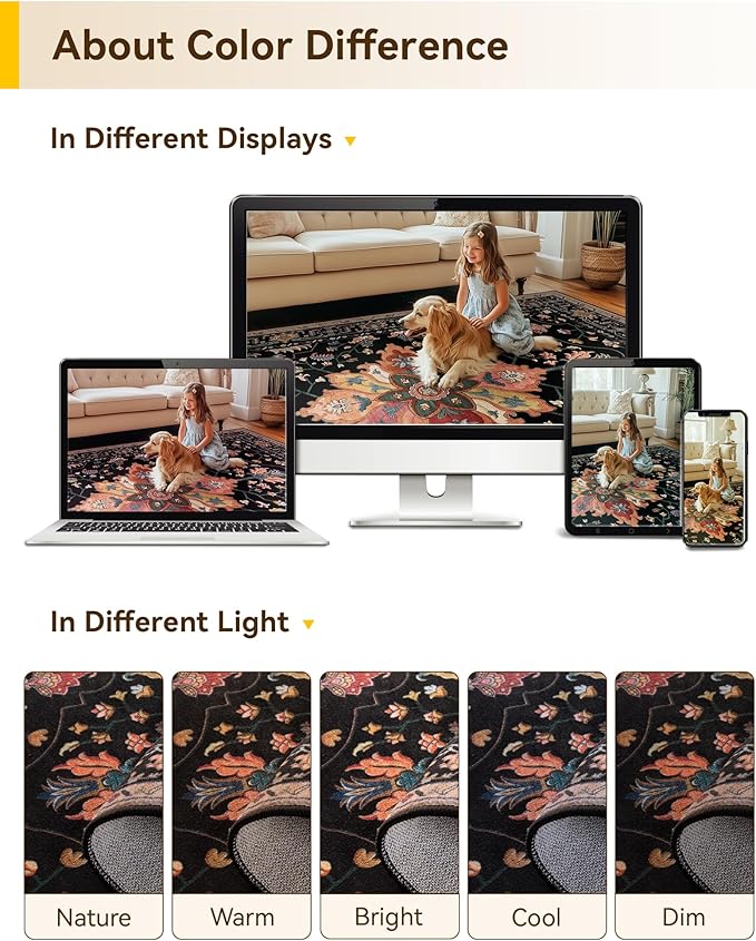Area Rugs Square 10ft Washable Non-Slip, Floral Vintage Distress Print Pattern Medallion Carpet for Living Room Bedroom Dining Room, Black Colorful Floral Dark Tan