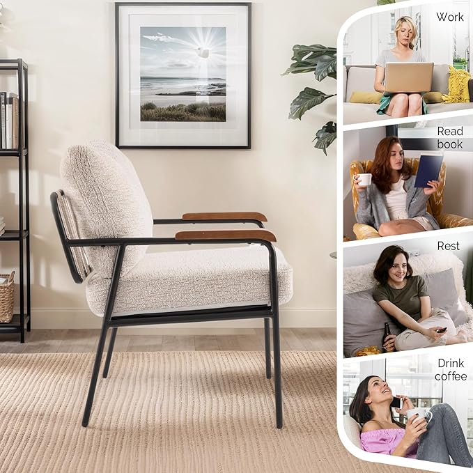 VINGLI Mid-Century Modern Accent Armchiars Set of 2 for Small Space, Small Comfy Upholstered Leisure Reading Chairs with Wood Armrests for Bedroom, Living Room, Waiting Room, Linen Beige