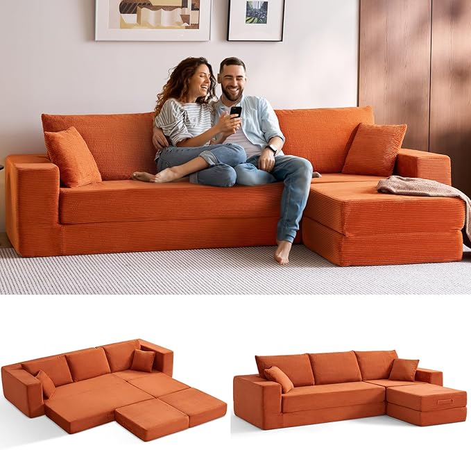 LINSY HOME Convertible Sofa Bed with 2 Pillows & Ottoman, Boneless Couch Folding Modular Sectional Sleeper Sofa, L Shaped Sofas Corduroy Couch Bed Compression Sofa for Living Room Apartment, Orange