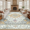 Area Rugs 10'x14' Washable Non-Slip, Floral Vintage Distress Print Pattern Medallion Carpet for Living Room Bedroom Dining Room, Light Yellow Carbon Grey Orange