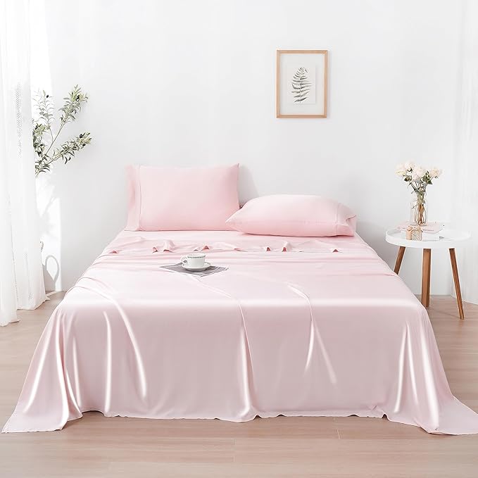 Linen World King Size 400TC Cooling Bed Sheet Set - 100% Organically Grown Viscose Sheets, Silky Soft & Breathable, Deep Pocket Fits Up to 16", 4-Piece Sheets with Pillowcases,Baby Pink