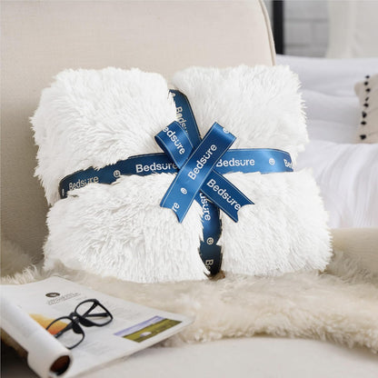 Bedsure GentleSoft Fluffy White Blankets Queen Size for Bed, Thick Sherpa Faux Fur Fleece Fuzzy Plush Winter Warm Heavy Soft Queen Blankets, Bedroom Decor White Gifts Cozy Gifts for Women Men, 90x90