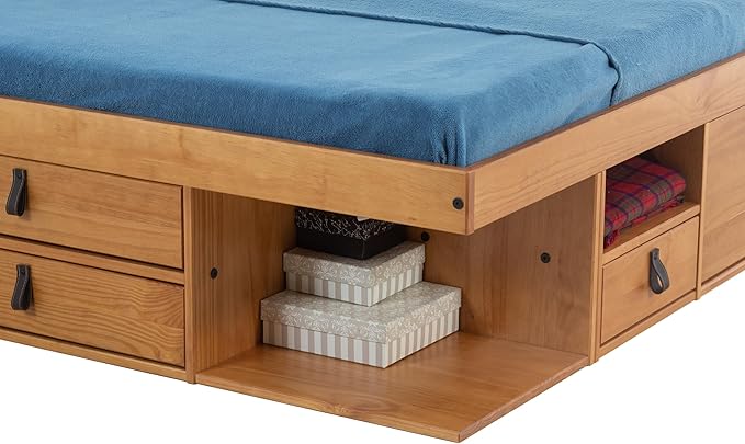 memomad Bali Slim Set: Storage Platform Bed with Drawers + Flat Panel Headboard (Full Size, Oak Brown Wood)