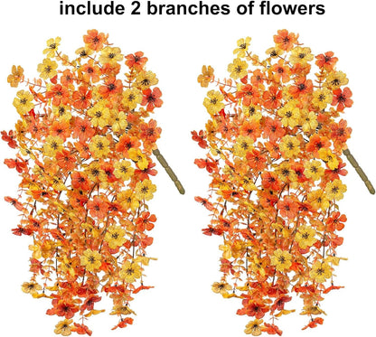 INSPRING Artificial Fall Flowers for Outdoors Decoration, 2Pcs Fake Fall Light Orange & Yellow Hanging Flowers, Faux Autumn Decor for Porch Patio Balcony Planter, Realistic Arrangement