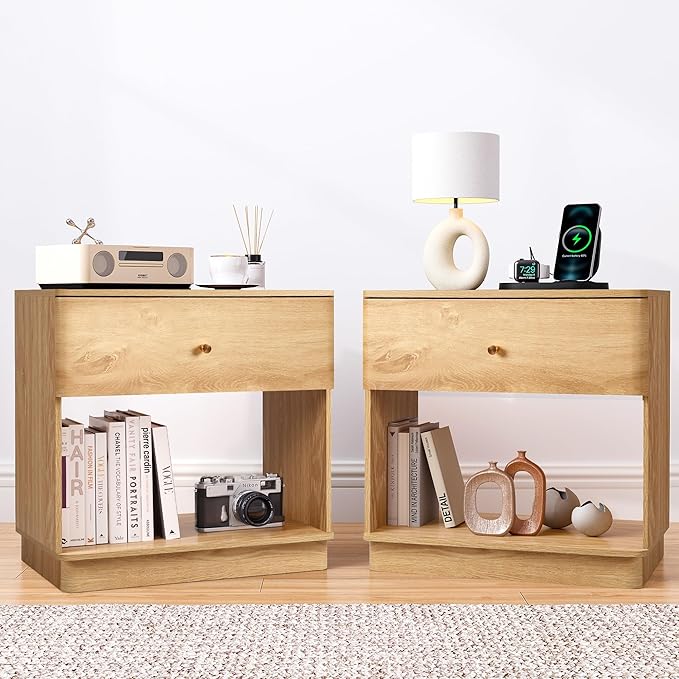 Narrow Nightstand Set of 2, Wooden Small 2 Drawer Nightstand, Slim Side End Table, Skinny Bedside Table, Mid Century Modern Night Stand with Drawers, for Living Room (Natural-Charging Station-2 pcs)