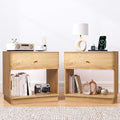 Narrow Nightstand Set of 2, Wooden Small 2 Drawer Nightstand, Slim Side End Table, Skinny Bedside Table, Mid Century Modern Night Stand with Drawers, for Living Room (Natural-Charging Station-2 pcs)