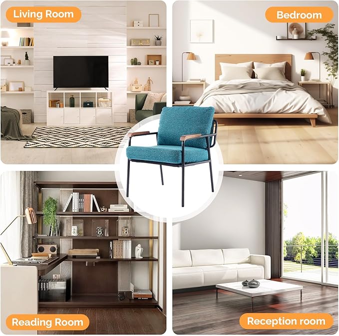 VINGLI Mid-Century Modern Accent Armchiar for Small Space, Small Comfy Upholstered Leisure Reading Chair with Wood Armrest for Bedroom, Living Room, Waiting Room, Linen Teal