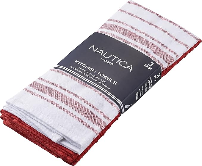 Nautica 100% Cotton Kitchen Towels Set of 3 | 18" X 28" Super Absorbent Reusable Cleaning Cloths, Tea Towels, Hand Towels for Drying Dishes | Red/Red Stripe Dish Towels for Kitchen Shops & Bars