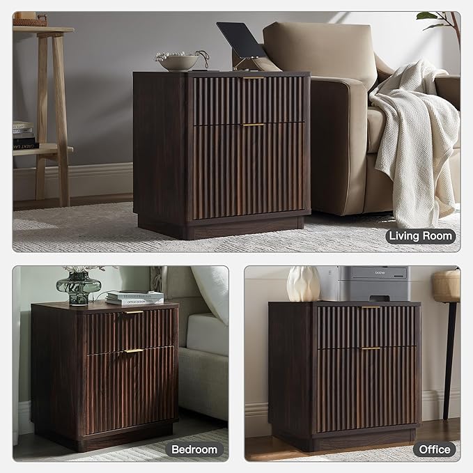 T4TREAM 23'' Fluted Nightstand with Charging Station, Large 2 Drawer Bedside Table, Modern End Table with Storage, Mid Century Night Stand for Bedroom, Living Room, Curved Profile, Dark Walnut