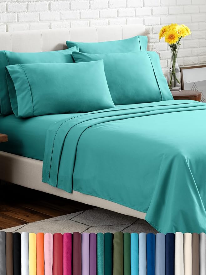 Bare Home Hotel Luxury King Sheet Set, Extra Soft - 6 Piece Set - Deep Pockets - Easy Fit - Cooling & Breathable - Wrinkle, Fade, Stain Resistant - Includes 4 Pillowcases (King, Turquoise)