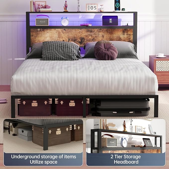 Full Size Bed Frame with 2-Tier Storage Headboard with Charging Station and 12 Color LED Lights,2 Tier Solid Wood Headboard Storage,Noise Free, No Box Spring Needed,Remote Control/Vintage Brown