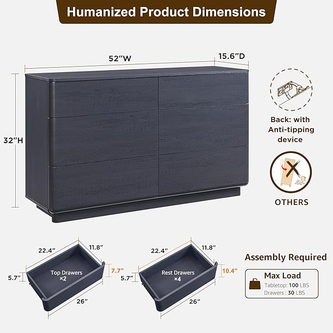 ACCOHOHO Modern 6 Drawer Dresser for Bedroom, 52" Wide Wooden Dressers with Large Storage,Handleless Chest of Drawers TV Stand for Living Room & Hallway, Curved Profile Design, Black