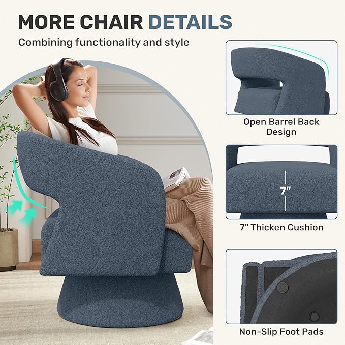 Swivel Accent Chair Set of 4, Modern Comfy Teddy Barrel Chairs, Oversized Upholstered Round Arm Chair for Living Room, Bedroom, Reading Room, Blue