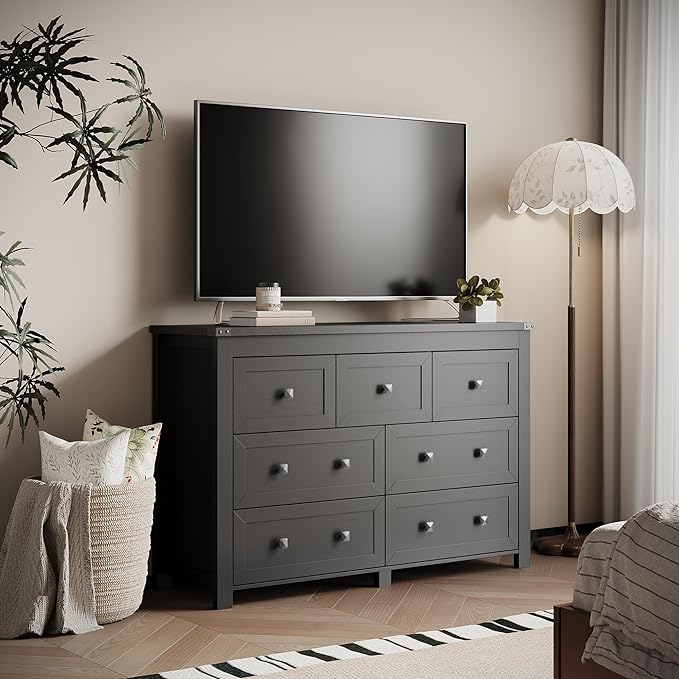 7 Drawer Dresser for Bedroom, Farmhouse Wood Chest of Drawers, Wide TV Stand Closet Storage Furniture with Metal Handle, Modern Wooden Clothes Organizer for Hallway, Living Room, Entryway, Black