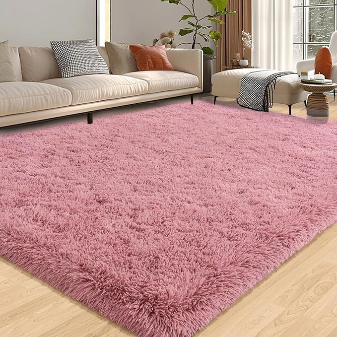 Fluffy Rugs for Living Room, 9x12 Feet Blush Shag Rug for Bedroom Girls Room, Soft Large Fuzzy Plush Carpet for Home Decor