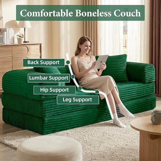 Convertible Futon Sofa Bed, Fold Out Floor Sofa Couch with Sleeper Sofa,Folding Boneless Couches with Deep Seat,Cloud Corduroy Foldable Mattress Couch for Living Room (Green)