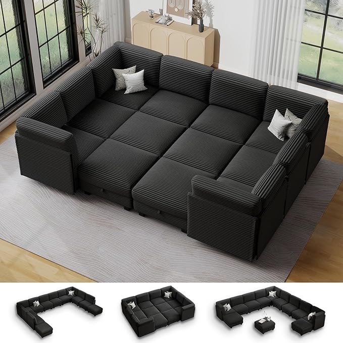 Modular Sectional Sofa with Adjustable Backrest, Large Convertible L/U-Shaped Sleeper Couch for Living Room, Cloud Sofa Bed Modern Reversible Design, Black