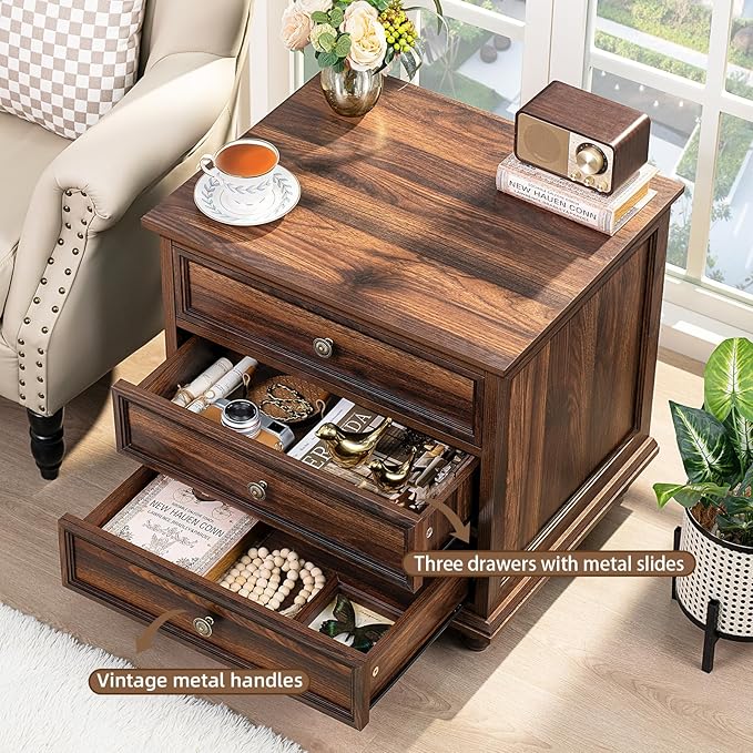 24" Wide Farmhouse Night Stand,Large End Table with 3 Drawers & Metal Handle,Dresser for Bedroom, Wood Bed Side Table Chest of Drawers Cabinet, Retro Brown Nightstand for Living Room,Closet