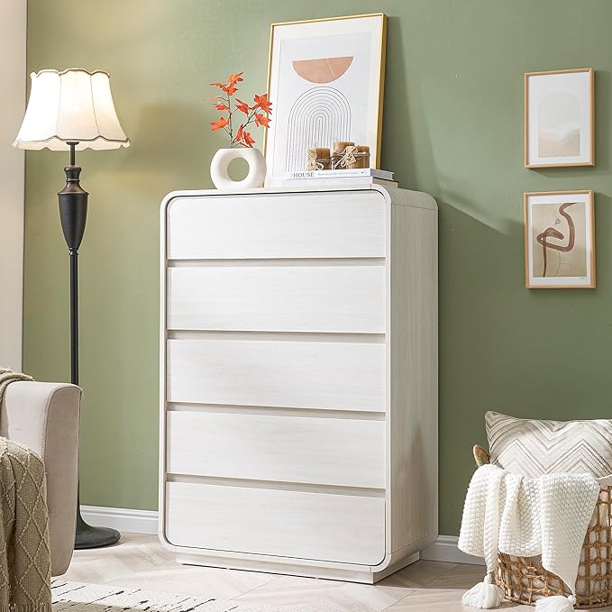 White 5 Drawers Dresser, Curved Dresser with Storage Organizer, Modern Drawer of Handleless, Large Chest of Drawers for Living Room, Nursery, Entryway, 29.5’’W