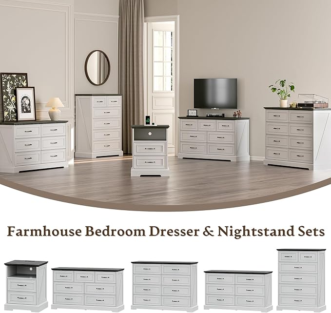 Farmhouse 6 Drawers Dresser for Bedroom, 43" Tall Modern Chest of Drawers with Deep Drawers & Bar Handles, Rustic Wood Dresser TV Stand, Wooden Closet Storage Organizer for Living Room, Hallway, White