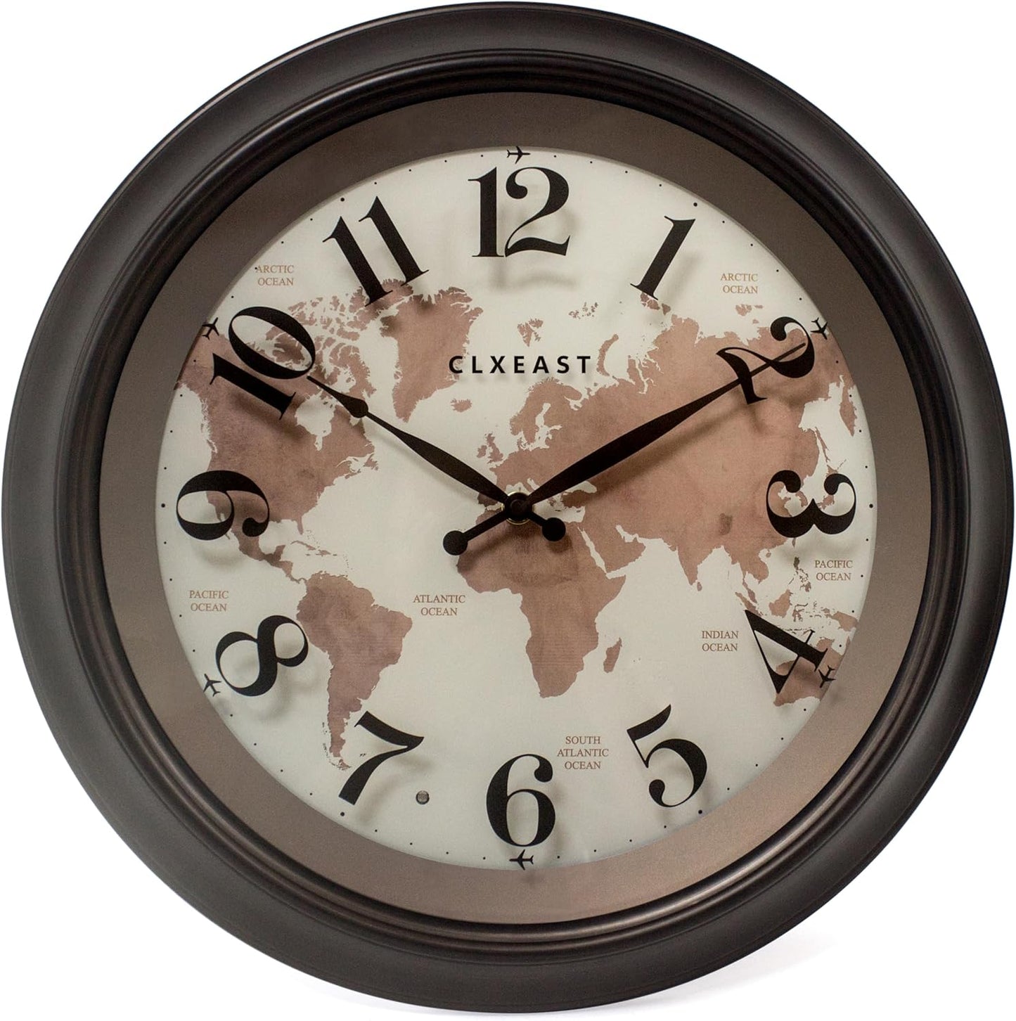 CLXEAST 18 Inch Illuminated Wall Clock with Smart LED Light Sensor, Large Modern World Map Wall Clocks for Living Room Decor,Oil Rubbed Bronze,Unique House Warming Gifts