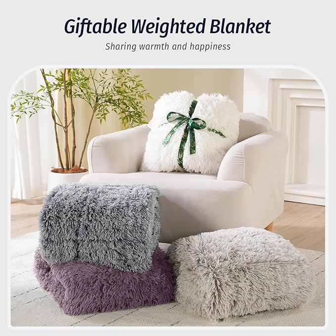 Wemore Shaggy Long Fur Faux Fur Weighted Blanket, Cozy and Fluffy Plush Sherpa Long Hair Blanket for Adult 15lbs, Fluffy Fuzzy Sherpa Reverse Heavy Blanket for Bed, Couch, Pink Purple, 60 x 80 Inches
