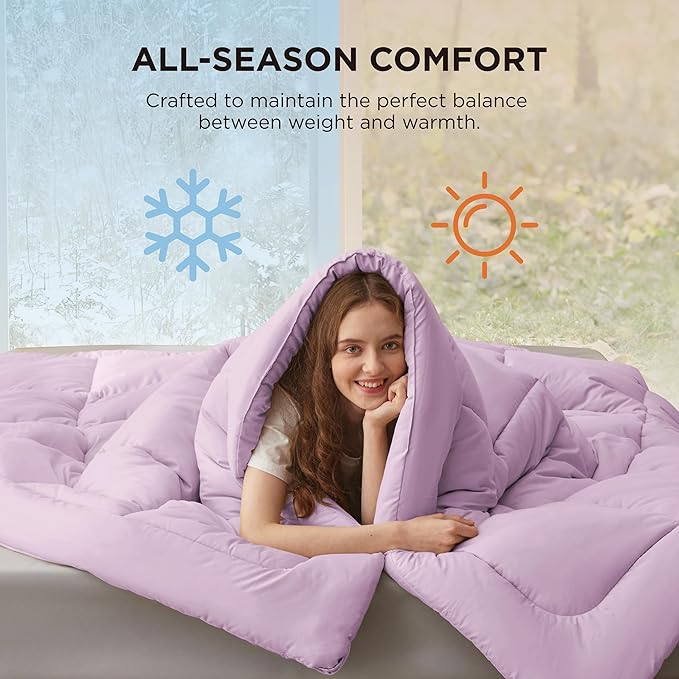 Bedsure Comforter Duvet Insert - Quilted Comforters Queen Size, All Season Duvet, GentleSoft Down Alternative Bedding, with 8 Tabs, Gifts for Women/Men, Light Purple, Queen 88 x 88 Inches