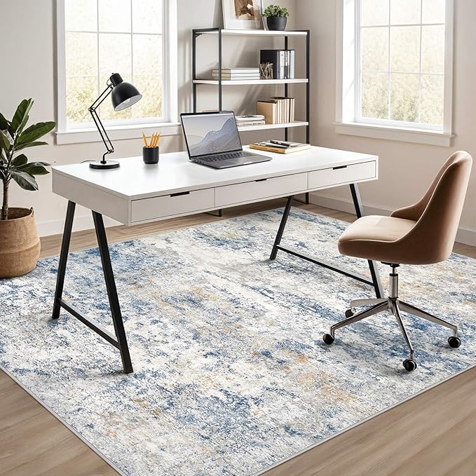 Area Rug Living Room Rugs - 5x7 Abstract Large Soft Indoor Washable Rug Neutral Modern Low Pile Carpet for Bedroom Dining Room Farmhouse Home Office - Blue