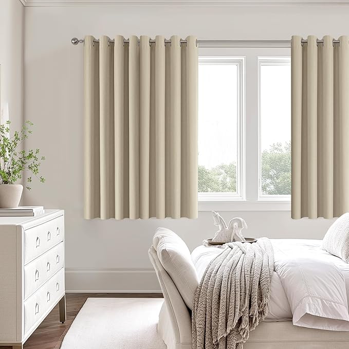 ChrisDowa 100% Blackout Natural Solid Solid Curtains 54 Inches Long 2 Panels for Bedroom Living Room,Farmhouse Room Darkening Thermal Insulated Soundproof Grommet Top Window Treatment Drapes,52x54