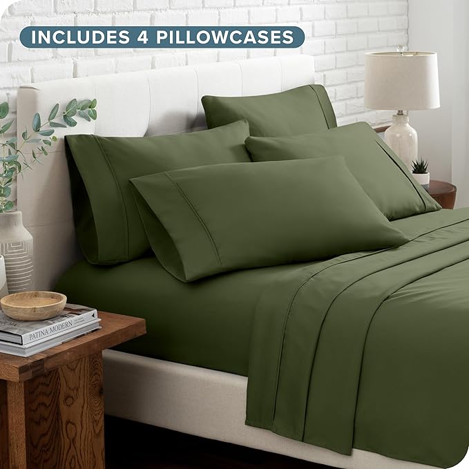 Bare Home Hotel Luxury Queen Sheet Set, Extra Soft - 6 Piece Set - Deep Pockets - Easy Fit - Cooling & Breathable - Wrinkle, Fade, Stain Resistant - Includes 4 Pillowcases (Queen, Cypress)