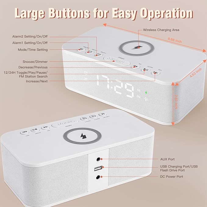 Dual Alarm Clock Radio Bedroom, Digital Alarm Clocks Bedrooms Bluetooth, Up to 10 Bedroom Alarms Clock White Noise 23 Soothing Sounds App/Button Control Snooze 12/24H FM Speaker Charging, White