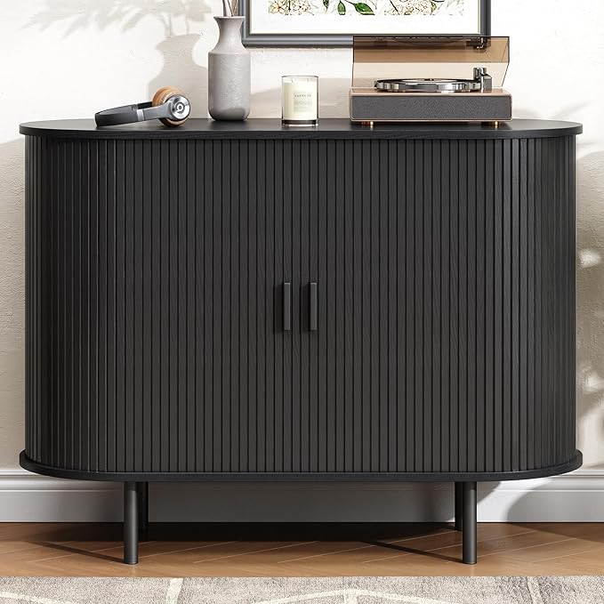 Buffet Cabinet with Storage, 40" Fluted Sideboard Buffet with Sliding Door, Coffee Bar Cabinet with Adjustable Shelf, Console Table, Accent Table for Entryway, Kitchen, Dining Room, Black