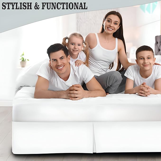 Pleated Bed Skirt King Size, 16" Drop with Platform Design for Secure Fit, Split Corners, Wrinkle-Resistant Microfiber for Modern Stylish Look, Tailored Bedding for Hotel Luxury - White