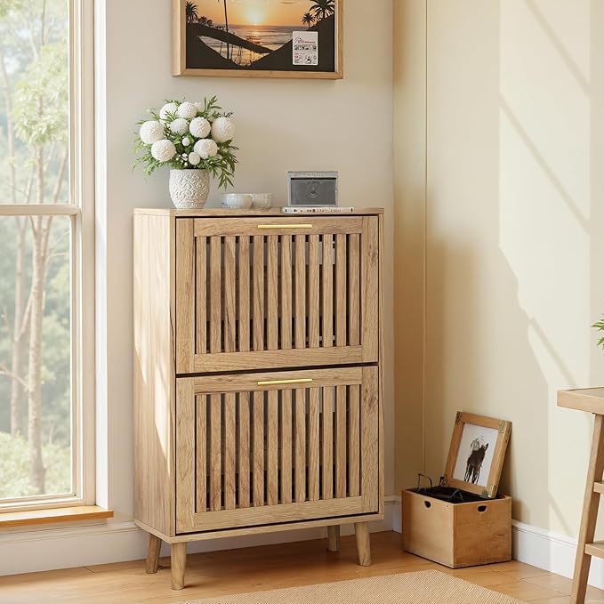 Shoe Cabinet with 2 Flip Slatted Drawers, Farmhouse Slim Shoe Organizer Rack with Golden Handles, Freestanding Hidden Entryway Storage for Hallway, Natural Oak