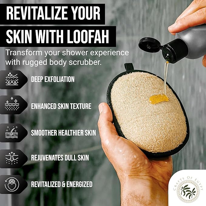 CraftsOfEgypt Natural Loofah Body Scrubber for Men, 2PCS Black & White Set – Egyptian Luffa Sponge Exfoliator for Shower, Bath & Body Care, Durable Men's Hygiene Pad, Gentle Skin Exfoliating Tool