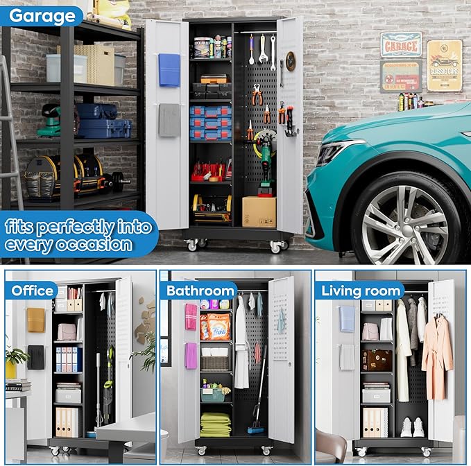 Garage Storage Cabinet with Wheels, Broom Closet Storage Cabinet with Pegboards and Adjustable Shelves, Metal Tool Cabinet with Lockable Door for Garage Home, Black and White